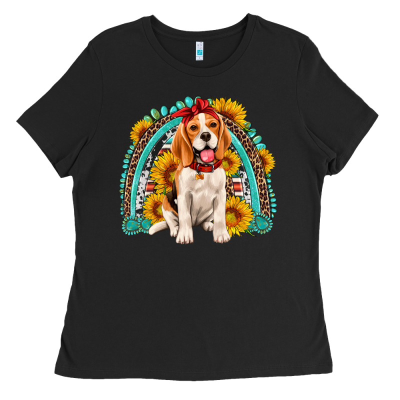 Beagle Turquoise And Sunflowers Rainbow Ladies Tee by Artiststas | Teevron
