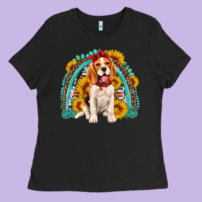 Beagle Turquoise And Sunflowers Rainbow Ladies Tee Designed By Artiststas