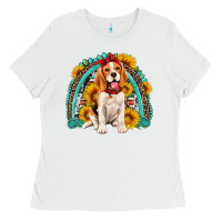 White beagle turquoise and sunflowers rainbow Ladies Tee - Artiststas