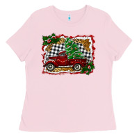 Bubblegum Pink Christmas Truck With Christmas Tree Ladies Tee - RanaPortraitStore