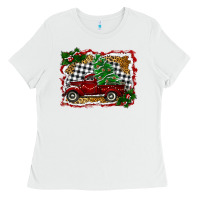 White Christmas Truck With Christmas Tree Ladies Tee - RanaPortraitStore
