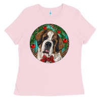 Bubblegum Pink Christmas St. Bernard Ladies Tee - RanaPortraitStore