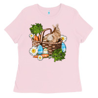 Bubblegum Pink easter bunny in basket wıth carrot and eggs Ladies Tee - AdoDesignShop