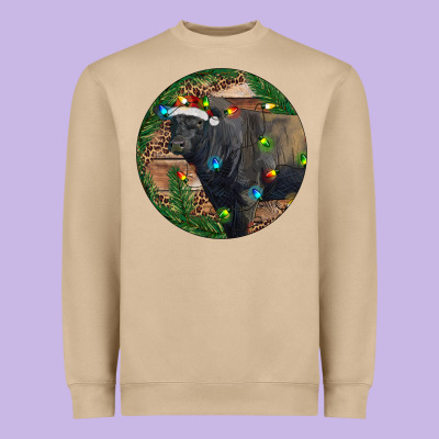 Black Angus Bull With Christmas Lights Heavyweight Sweatshirt Designed By Ranaportraitstore