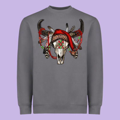 Western Christmas Bull Skull Heavyweight Sweatshirt Designed By Ranaportraitstore
