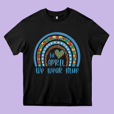 In April We Wear Blue Autism Awareness Leopard Rainbow Heavy Core Tee Designed By Artiststas