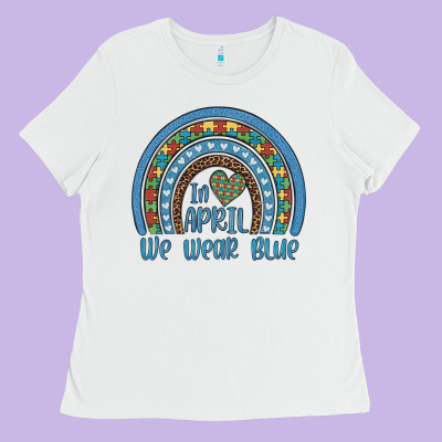 In April We Wear Blue Autism Awareness Leopard Rainbow Ladies Tee Designed By Artiststas