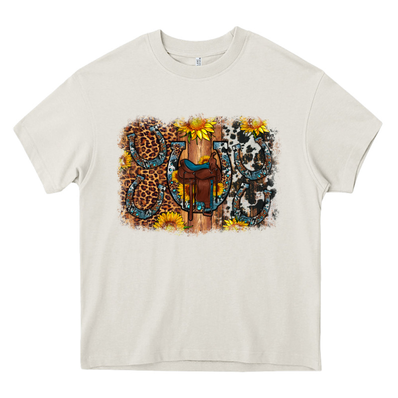 Saddle Sunflower Horseshoe Cowhide Leopard Background Heavy Core Tee by Artiststas | Teevron