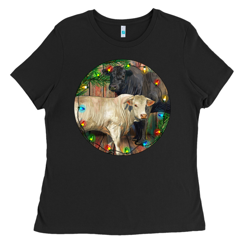 Christmas Charolais Bull And Black Angus Bull Ladies Tee by RanaPortraitStore | Teevron