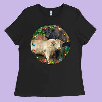 Christmas Charolais Bull And Black Angus Bull Ladies Tee Designed By Ranaportraitstore