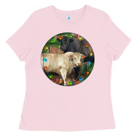 Bubblegum Pink Christmas Charolais Bull And Black Angus Bull Ladies Tee - RanaPortraitStore