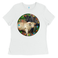 White Christmas Charolais Bull And Black Angus Bull Ladies Tee - RanaPortraitStore