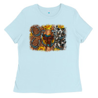 Baby Blue saddle sunflower horseshoe cowhide leopard background Ladies Tee - Artiststas