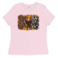 Bubblegum Pink saddle sunflower horseshoe cowhide leopard background Ladies Tee - Artiststas