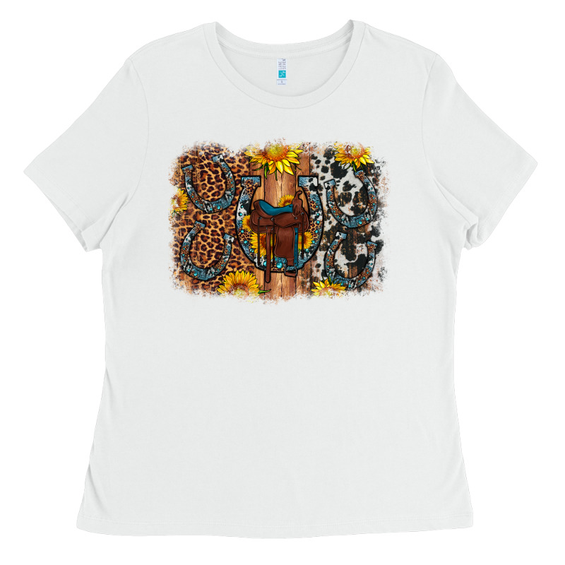Saddle Sunflower Horseshoe Cowhide Leopard Background Ladies Tee by Artiststas | Teevron