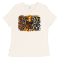 Bone saddle sunflower horseshoe cowhide leopard background Ladies Tee - Artiststas