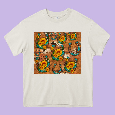 Sunflower Turquoise Leopard Cowhide Horseshoe Heavy Core Tee Designed By Artiststas