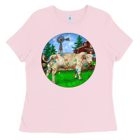 Bubblegum Pink Christmas Charolais Bull And Barnyard Ladies Tee - RanaPortraitStore