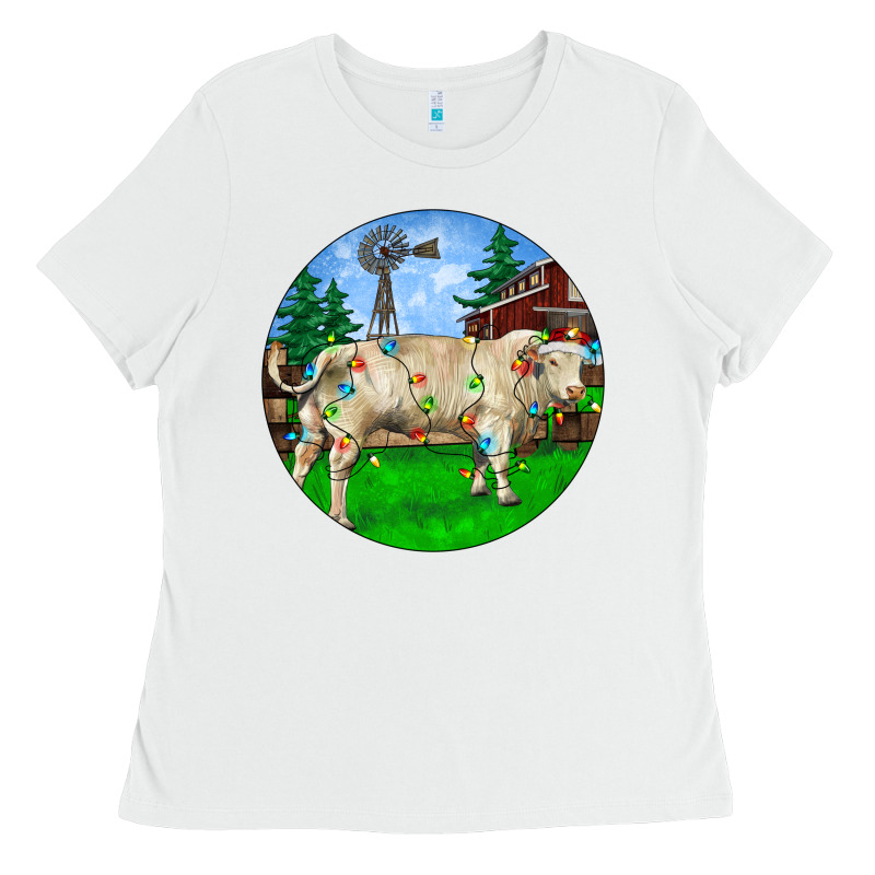 Christmas Charolais Bull And Barnyard Ladies Tee by RanaPortraitStore | Teevron