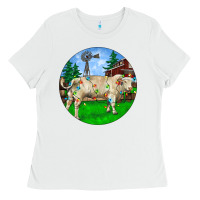 White Christmas Charolais Bull And Barnyard Ladies Tee - RanaPortraitStore