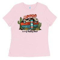 Bubblegum Pink camping is my happy place Ladies Tee - JahusDesignShop
