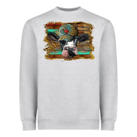 Heather Grey holstein cow with cap and leopard background Heavyweight Sweatshirt - BarkalooDesign