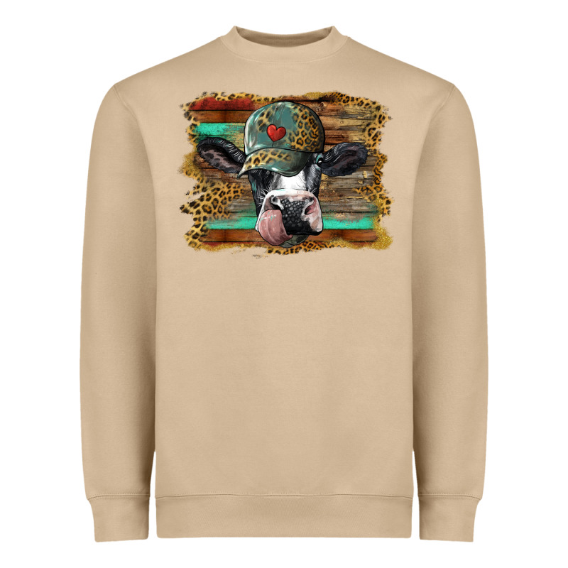Holstein Cow With Cap And Leopard Background Heavyweight Sweatshirt by BarkalooDesign | Teevron