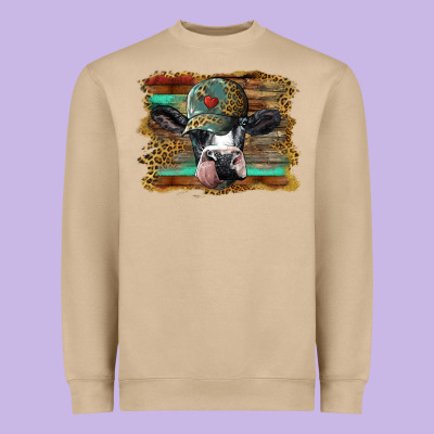 Holstein Cow With Cap And Leopard Background Heavyweight Sweatshirt Designed By Barkaloodesign