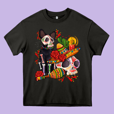 Mexican Dead Day With Skeleton Cat Heavy Core Tee Designed By Adodesignshop