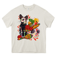 Cream mexican dead day with skeleton cat Heavy Core Tee - AdoDesignShop