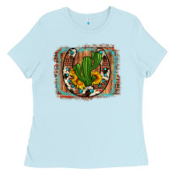 Baby Blue cactus sunflower cowhide horseshoe  background Ladies Tee - Artiststas