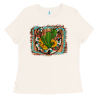 Cactus Sunflower Cowhide Horseshoe  Background Ladies Tee | Teevron