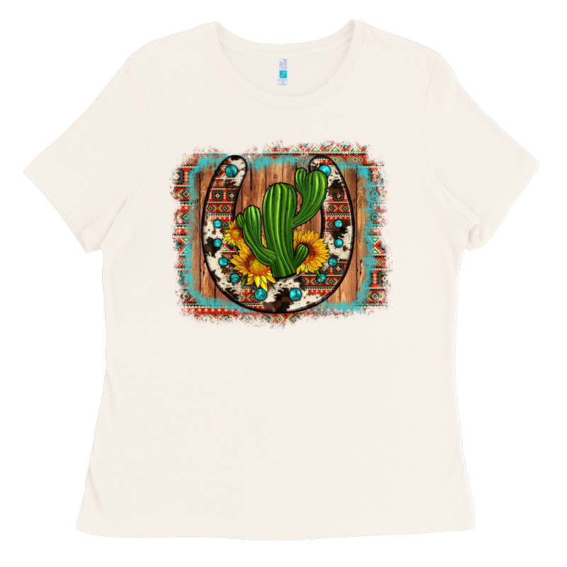 Cactus Sunflower Cowhide Horseshoe  Background Ladies Tee by Artiststas | Teevron