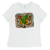 White cactus sunflower cowhide horseshoe  background Ladies Tee - Artiststas