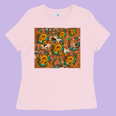 Sunflower Turquoise Leopard Cowhide Horseshoe Ladies Tee Designed By Artiststas