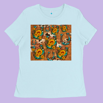 Sunflower Turquoise Leopard Cowhide Horseshoe Ladies Tee Designed By Artiststas