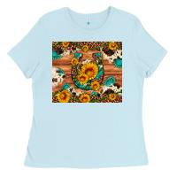Baby Blue sunflower gemstone leopard cowhide horseshoe Ladies Tee - Artiststas
