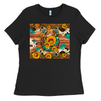 Black sunflower gemstone leopard cowhide horseshoe Ladies Tee - Artiststas