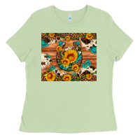 Matcha sunflower gemstone leopard cowhide horseshoe Ladies Tee - Artiststas