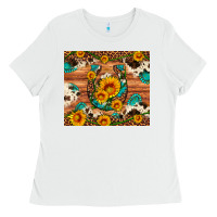 White sunflower gemstone leopard cowhide horseshoe Ladies Tee - Artiststas