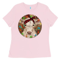 Bubblegum Pink Christmas Charolais Calf Baby Cow Ladies Tee - RanaPortraitStore