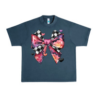 Midnight Navy coquette bow floral checkered pattern Urban Heavy Tee - JahusDesignShop