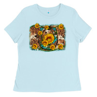 Baby Blue sunflower gemstone leopard cowhide horseshoe background Ladies Tee - Artiststas