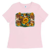 Bubblegum Pink sunflower gemstone leopard cowhide horseshoe background Ladies Tee - Artiststas