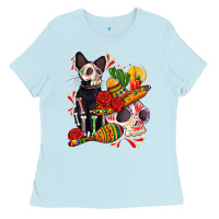 Baby Blue mexican dead day with skeleton cat Ladies Tee - AdoDesignShop