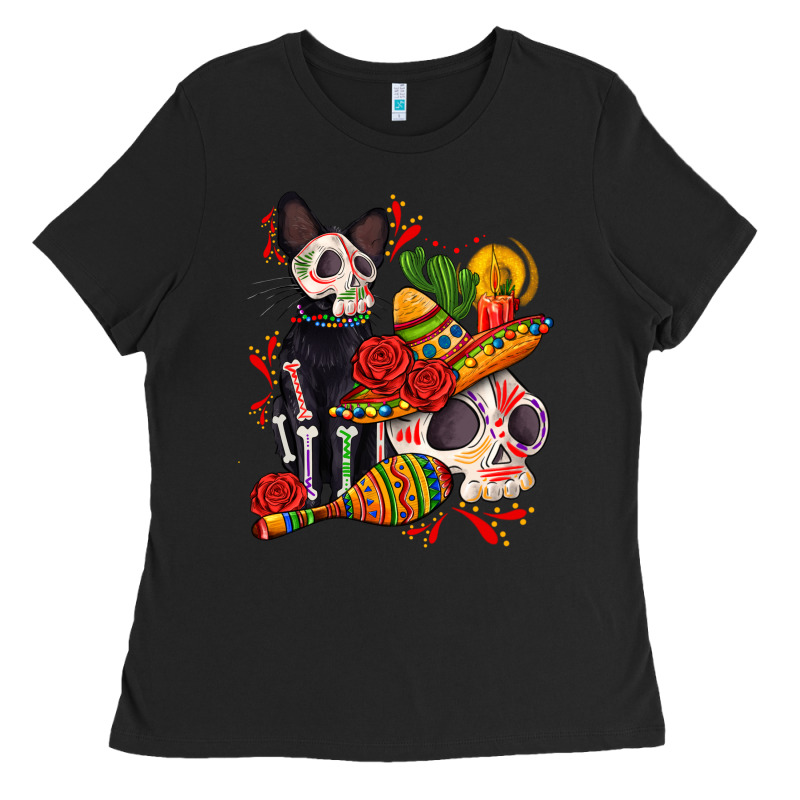 Mexican Dead Day With Skeleton Cat Ladies Tee by AdoDesignShop | Teevron
