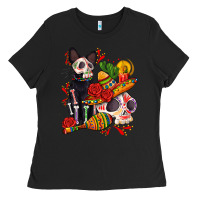 Black mexican dead day with skeleton cat Ladies Tee - AdoDesignShop