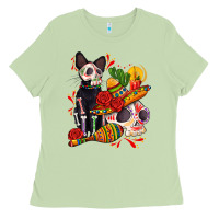 Matcha mexican dead day with skeleton cat Ladies Tee - AdoDesignShop