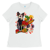 White mexican dead day with skeleton cat Ladies Tee - AdoDesignShop