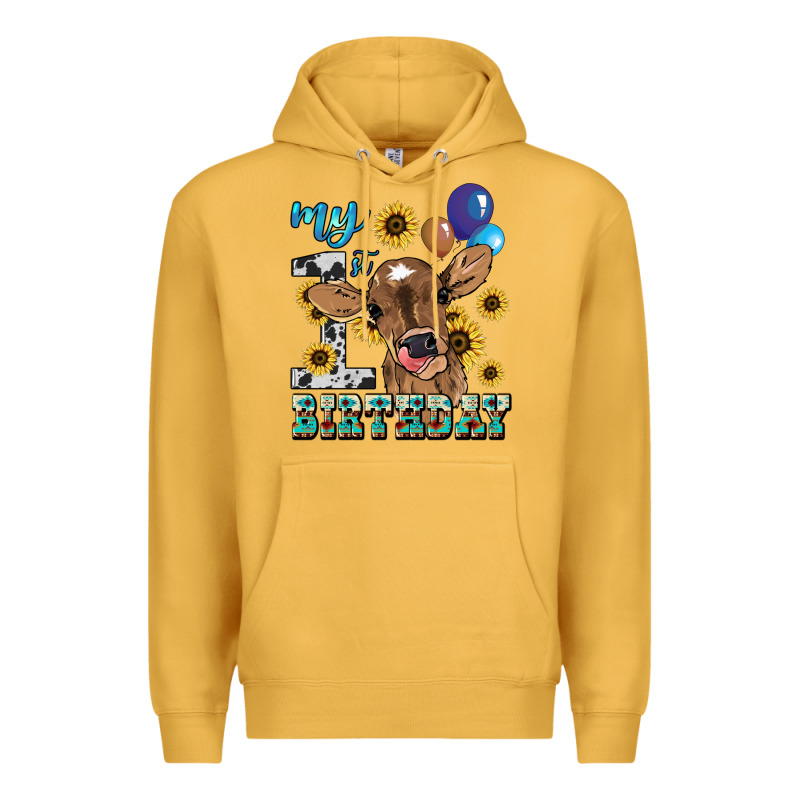My First Birthday Baby Cow Sunflower Premium Hoodie by HowdyJamesFarm | Teevron